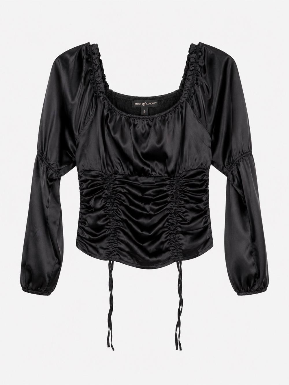 PS2 Horror-Core Y2K Soft Goth Black Satin Ruched Square-Neck Blouse